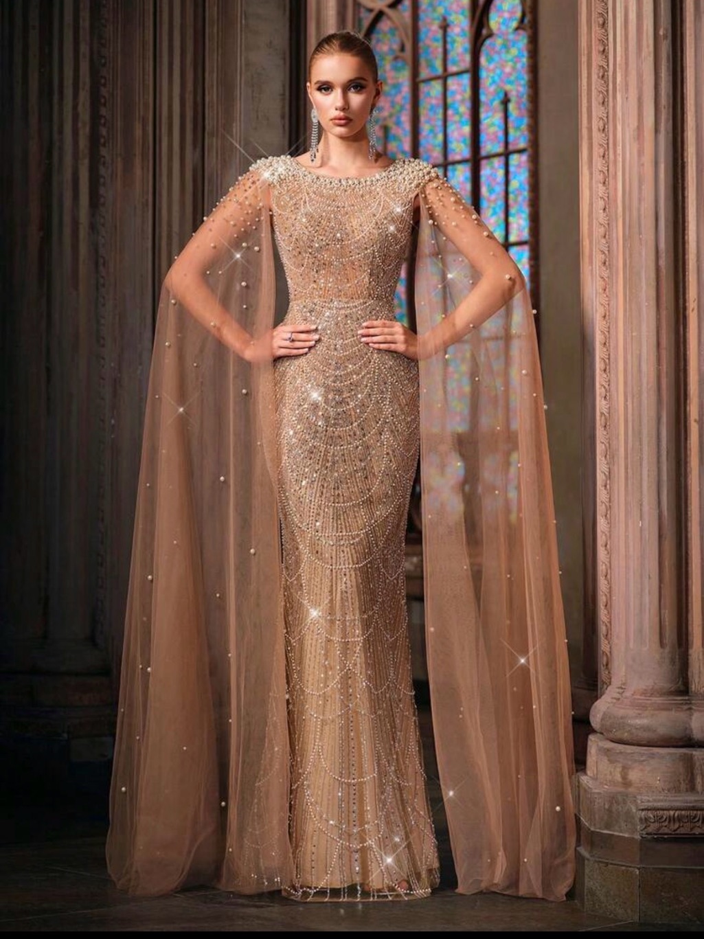 Beaded Champagne Maxi Gown With Sheer Cape